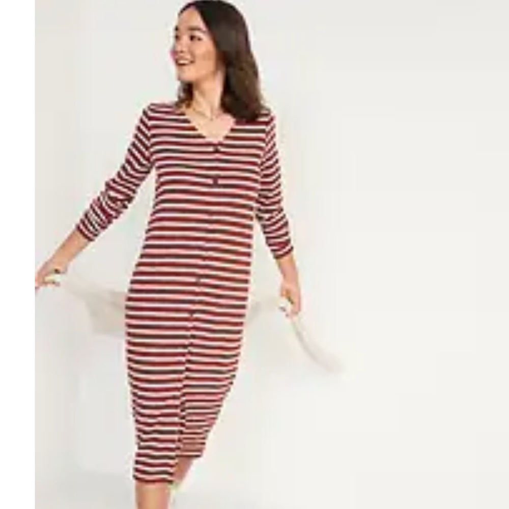 Striped rib knit midi cardigan sweater dress